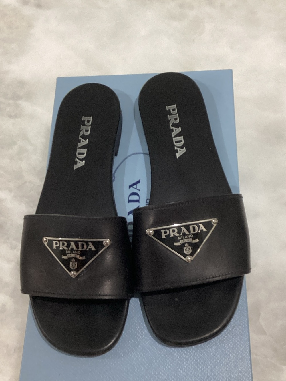 Prada Black Leather Slide Sandals with Silver Logo Plaques